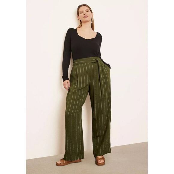 NWT Vince Belted Stripe Wide Leg Pants Trousers Plus Size 1X Green Pull On $345 - Picture 1 of 16